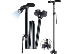 Bastón plegable con luz LED, Versailles, ajustable en altura, para personas mayores, plegable y portátil - Negro