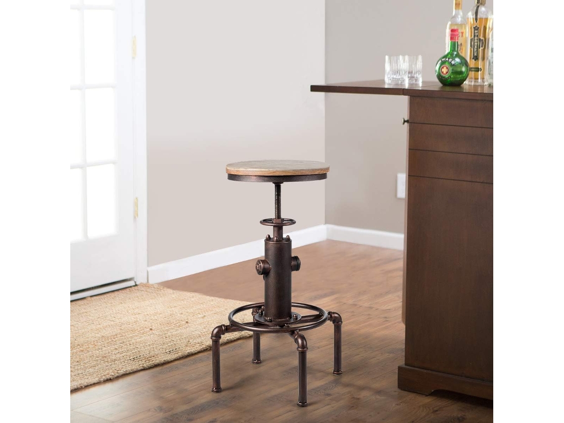 Taburetes de Bar Altura Ajustable 59,5-75cm, Silla Estilo Industrial giratorio 360 de Asiento de Madera y Patas de Metal COSTWAY