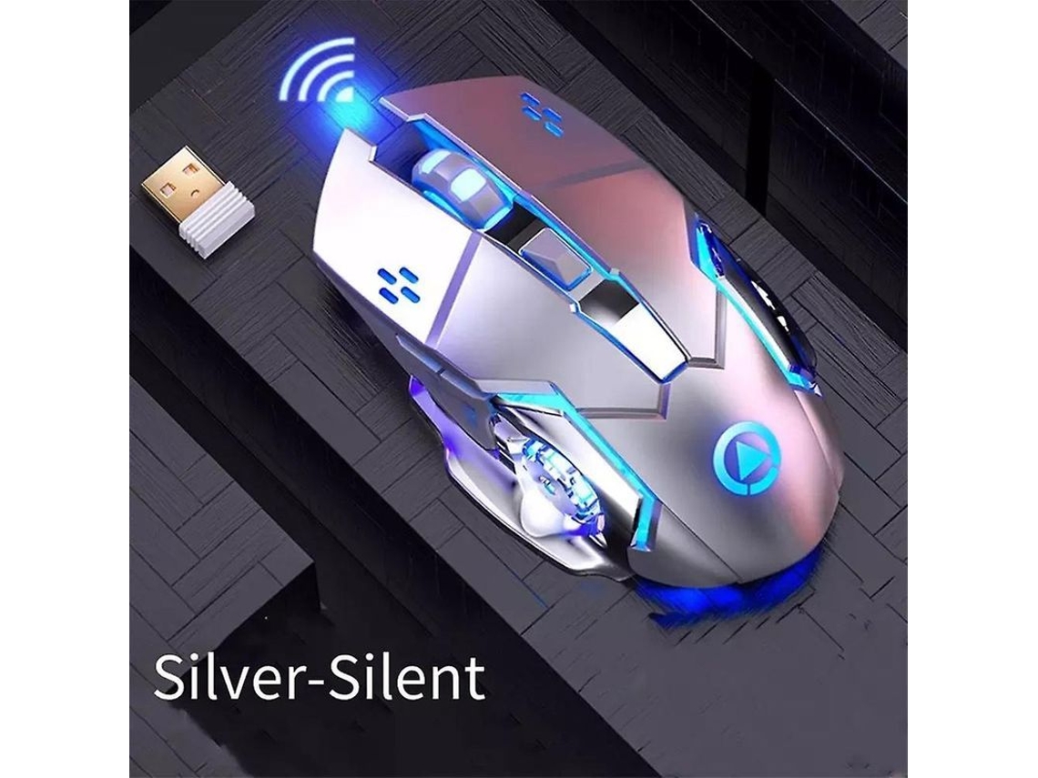 Ratón Mecánico Inalámbrico Recargable Para Juegos Con Iluminación Azul, Ergonómico, Silencioso, Plateado.