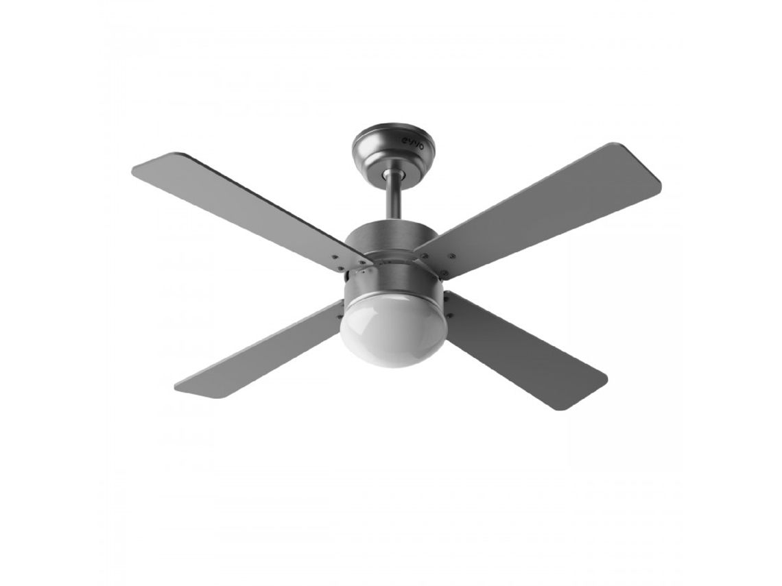 Ventilador de techo Evvo con luz, silencioso, Ø106cm, 4 aspas, motor de CC de 56w, 3 velocidades (modelo: V415 Acabado metálico)