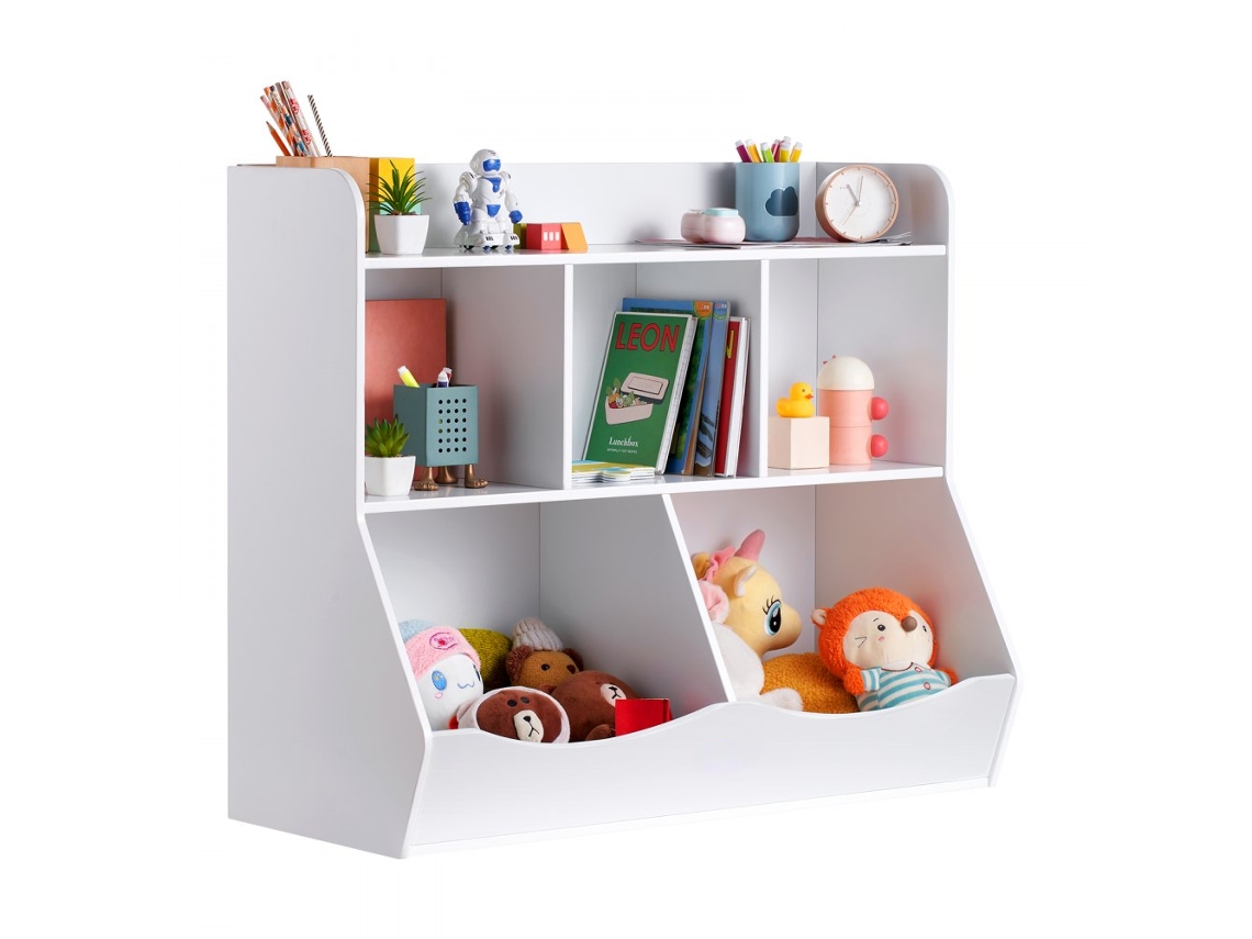 Estantería Infantil de Madera Blanca con 3 Niveles y 5 Compartimentos Tekmaquinas