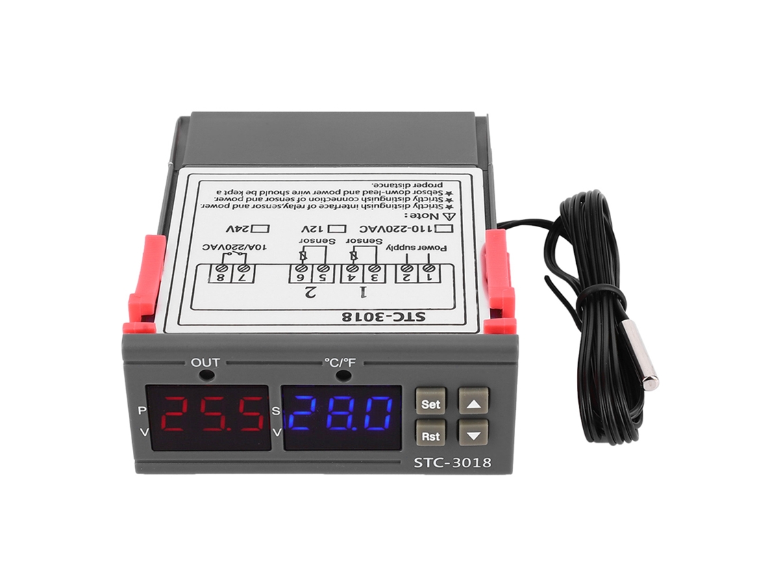 Termostato Digital De Control De Temperatura Stc-3018 Con Sensor Ntc 1m Pantalla Dual 24v Plástico Retardante A La Llama Abs