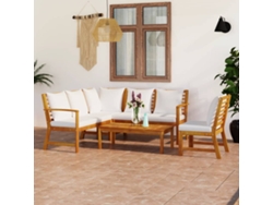 Conjunto 5 Peças Lounge Jardim C/ Almofadões Cor Creme Acácia Maciça Dkd Home Decor
