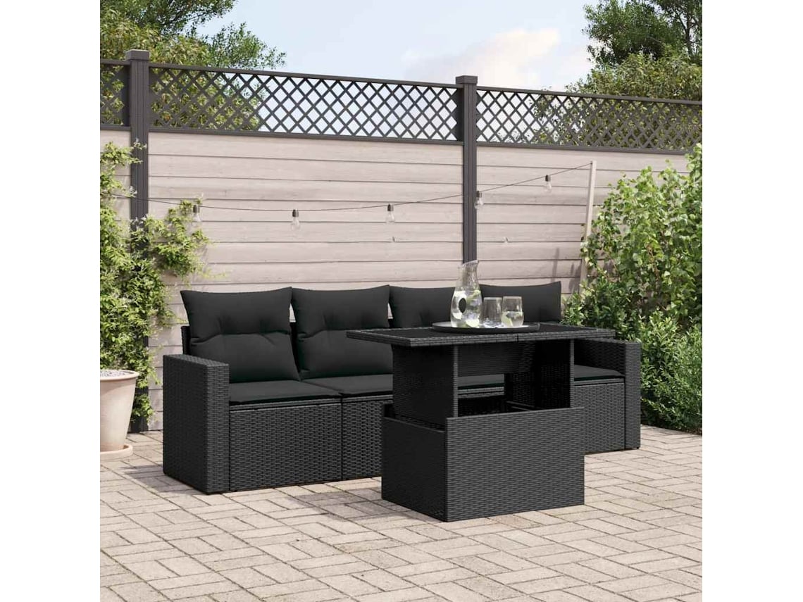Conjunto de sofá de jardín de 5 piezas con cojines de mimbre sintético negro, Dkd Home Decor