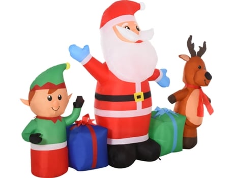 Homcom Luces Led rojo 2m papá noel inflable decoración navideña elfo y reno con 6 inflador impermeable para exteriores interiores 203x50x153