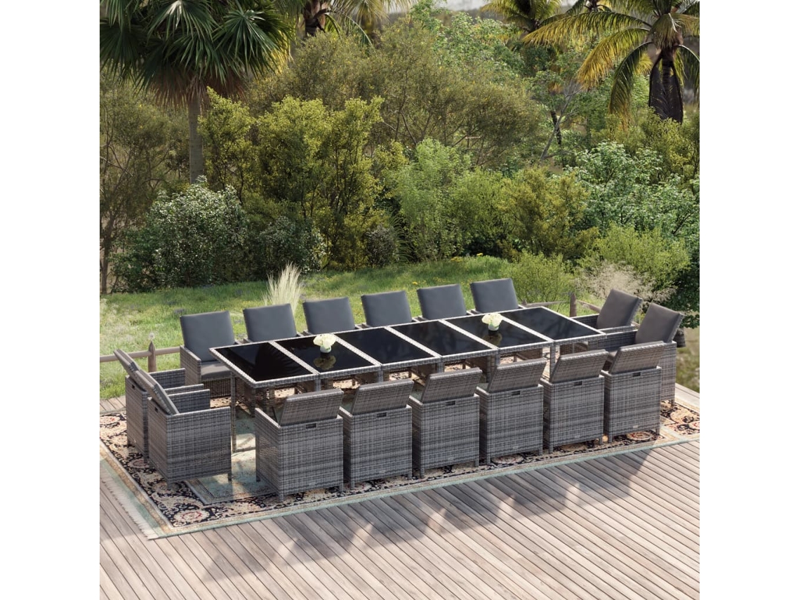 17 Pcs Conjunto Jantar P/ Jardim C/ Almofadões Vime Pe Cinzento Dkd Decoración Del Hogar