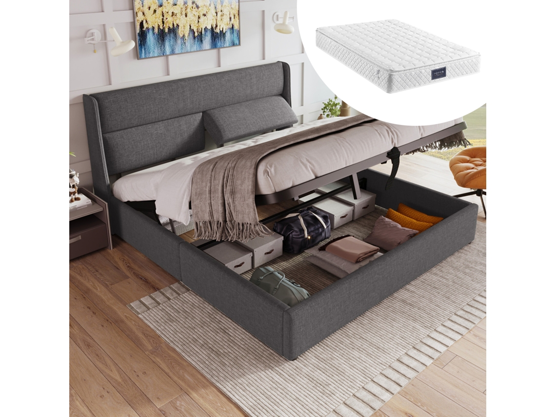 Cama Doble Gris De 160x200 Cm, Cabecero Regulable, Compartimento De Almacenamiento Hidráulico.