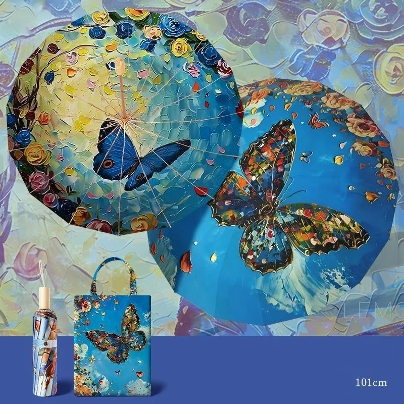 Paraguas Extragrande De Doble Capa, Vinilo Y Patchwork De Doble Cara, Modelo Butterfly 16k, Con 16 Varillas.