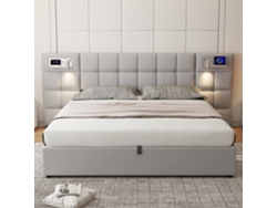 Cama Doble 180x200 Cm, Hidráulica Con Almacenamiento, Cabecero Acolchado, Usb Y Carga Inalámbrica, Lámpara Integrada, Lino Gris