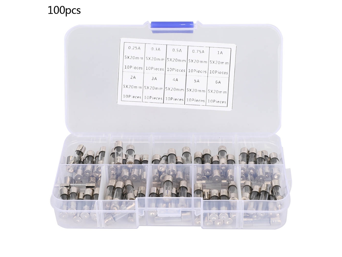 Kit De 100 Fusibles De Vidrio Tubulares Cabeza Plana 5x20mm 0.25a-6a Surtido