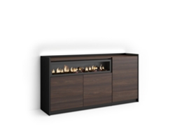 Aparador de comedor, 156x37x80cm, 3 puertas, chimenea eléctrica, iluminación LED, roble oscuro y negro.