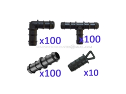 Pack Riego Por Goteo 16Mm: 100 Te 100 Codo 100 Enlace 10 Tapon Negro SUINGA