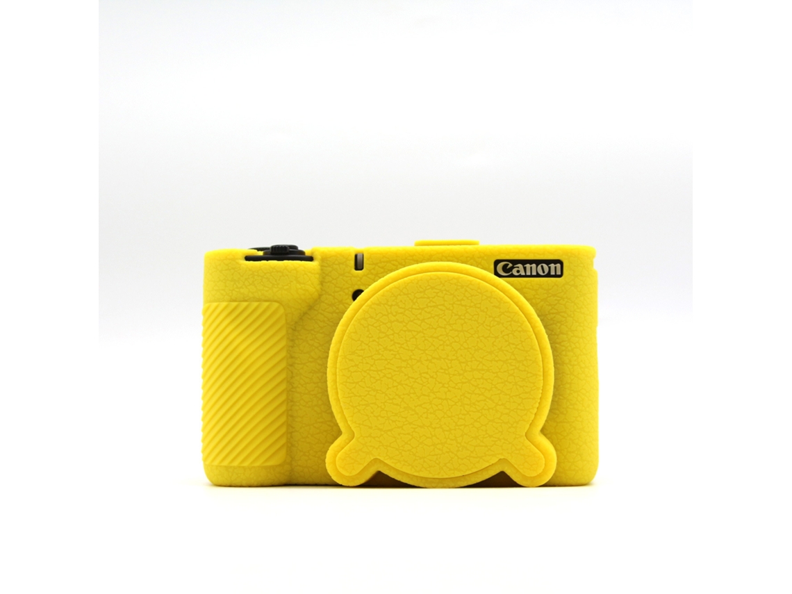 Funda protectora de silicona HEXINYIGJLY para Canon Powershot V1, resistente a los arañazos, con acceso para trípode y tapa de objetivo amarilla.