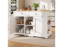 Isla de cocina con enchufes y encimera de madera blanca.