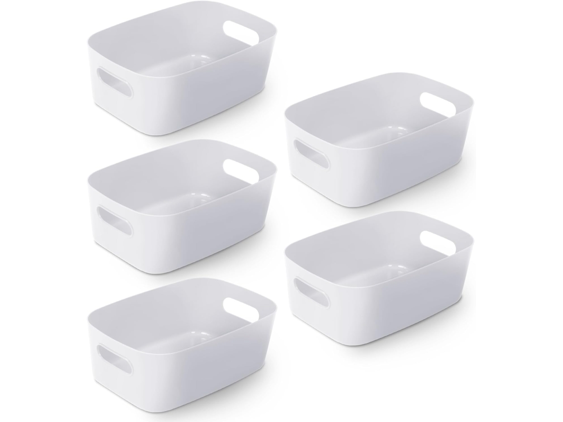 Paquete de 5 cestas de almacenamiento de plástico blanco, contenedores portátiles con asas para organizar el hogar y la oficina.