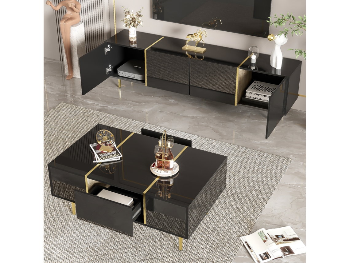 Mueble De Tv Brillante Y Mesa De Centro Moderna, Armarios De Almacenamiento, Negro.