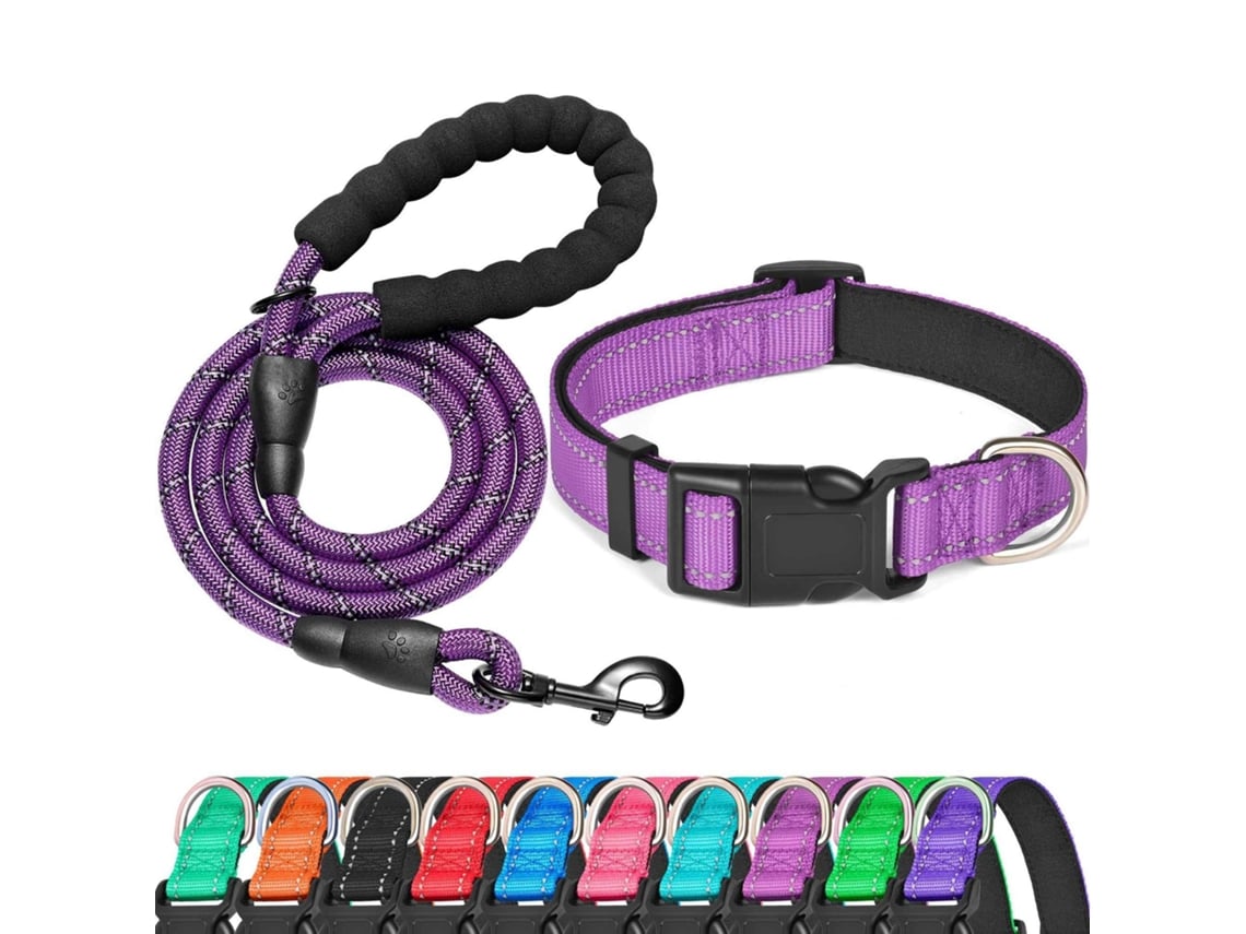 Kit Collar Reflectante + Correa Morada Xl, Nailon Resistente, Ajustable, Asa Suave, Ideal Para Perros Extra Grandes