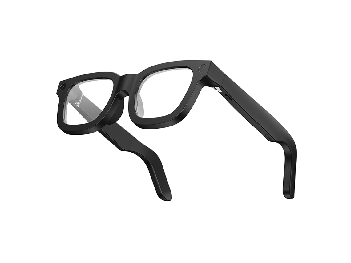Gafas inteligentes E02c con IA, cámara de 800W, almacenamiento de 32 GB, transferencia Wi-Fi, micrófono dual, batería de 320 mAh y carga.