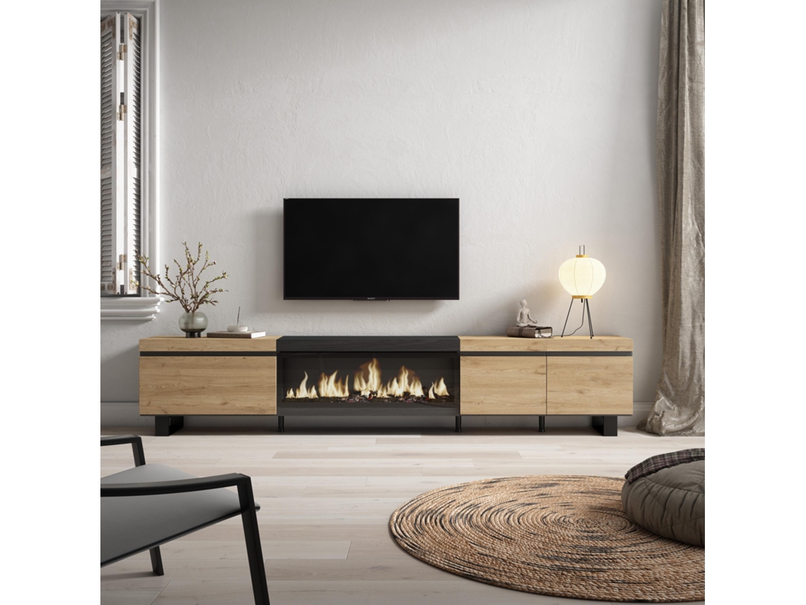 Mueble TV, Televisión, 288x57x35 cm, Para TV gran formato, Chimenea eléctrica XXL, Diseño industrial, Roble y negro SKRAUT HOME