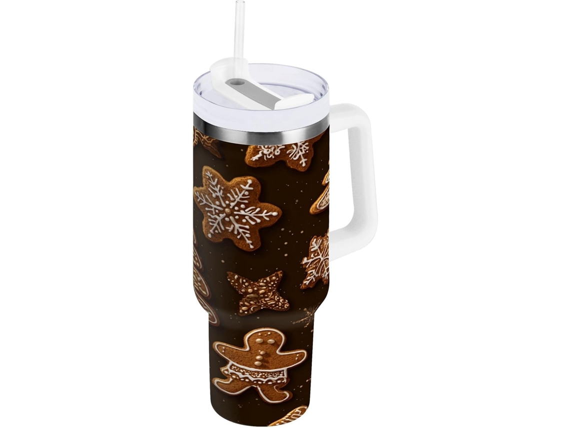 Taza térmica con forma de galleta navideña, 1200 ml, con pajita y tapa, botella de agua térmica de acero inoxidable, sin marca.