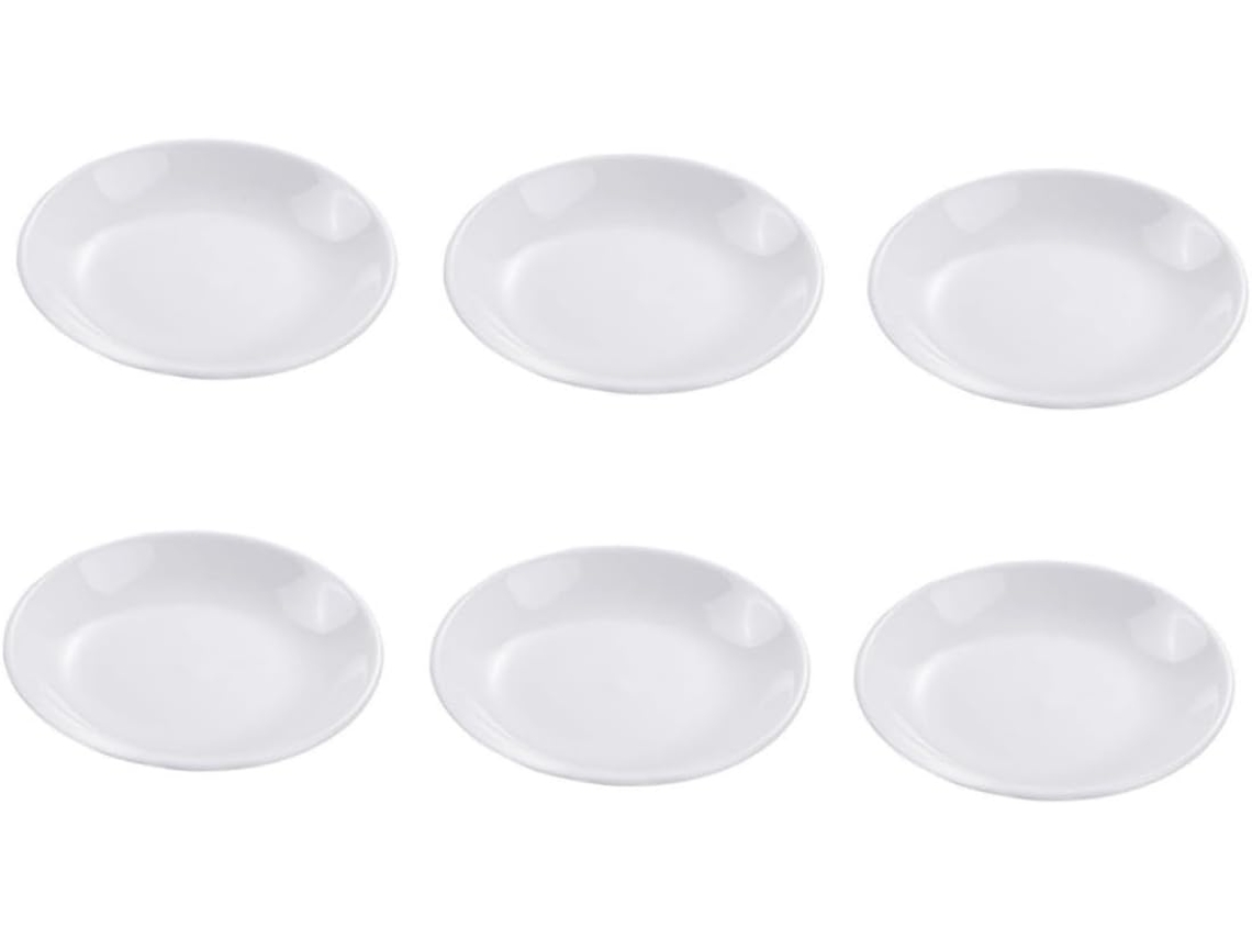 Juego de 6 platos para salsas y condimentos de cerámica blanca, diseño sencillo y decorativo.