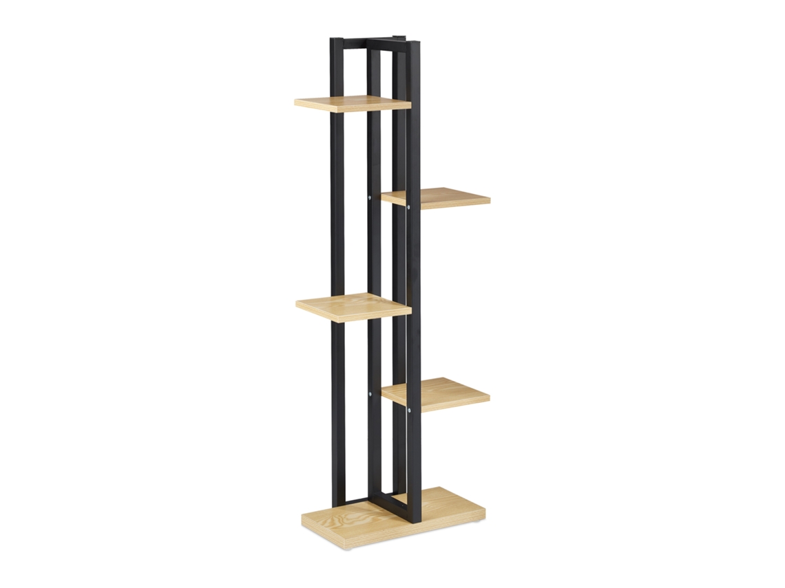 Relaxdays Estantería Metálica Plantas, Escalera Macetas 5 Baldas Interior, Efecto Madera, 117x43x22 Cm, Marrón Claro