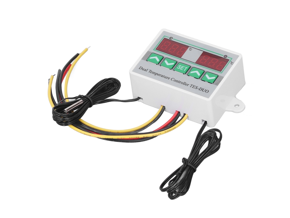 Controlador de temperatura digital con doble pantalla, doble control y termostato electrónico preciso.