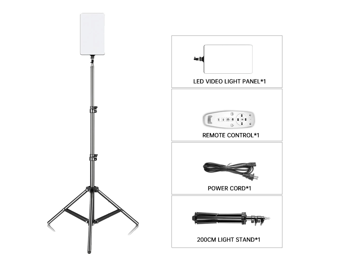 Luz de vídeo LED, brillo ajustable, control de temperatura bicolor, trípode de 200 cm.