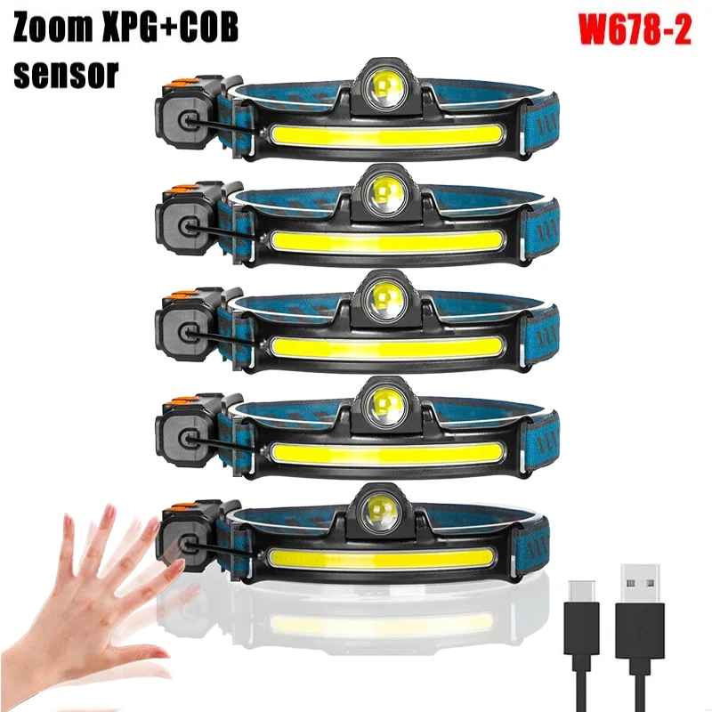 Linterna frontal de inducción Xpgcob, zoom ajustable, recargable por USB, ideal para acampar y buscar al aire libre. Aeuzwr