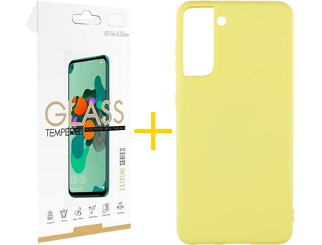 Carcasa y Protector de Pantalla de Vidrio Samsung S21 Plus SKYHE Silicona Líquida Amarillo