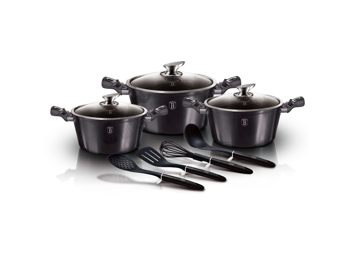 Batería Cocina Inducción 10 Piezas, Antiadherente Mármol Sin Pfoa, Aluminio, 3 Cazuelas Tapas Berlinger Haus Carbon Pro Gris Oscuro