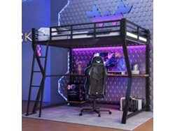 Cama Alta De 90x200 Con Iluminación Led, Estante, Escritorio, Toma Usb Y Barandilla Negra.