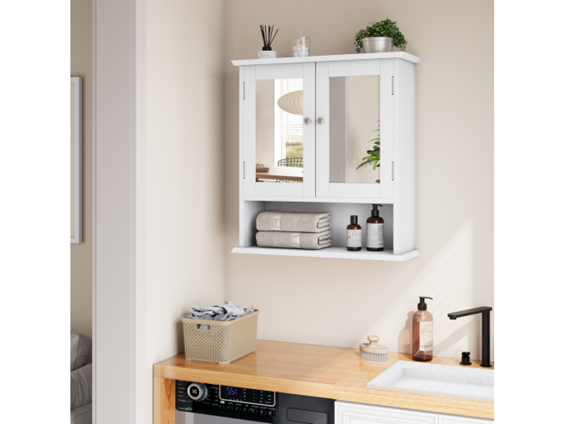 Mueble de baño con espejo y mueble blanco con estantes ajustables. Tienda BAGOLY.