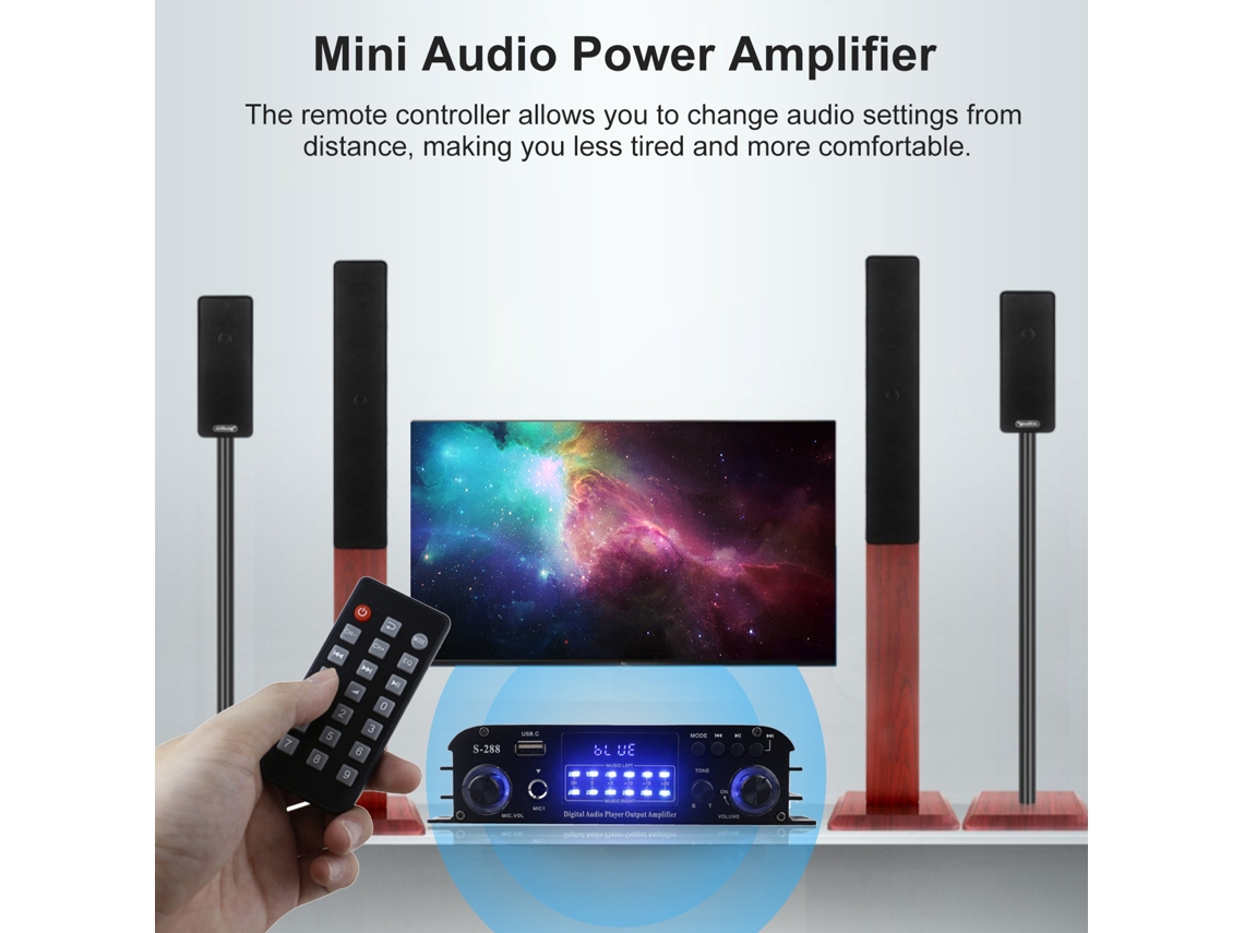 Mini Amplificador De Potencia De Audio De 4.1 Canales, 50 W X 4, Bluetooth 5.0, Usb, Micrófono, Pantalla Lcd Y Control Remoto.