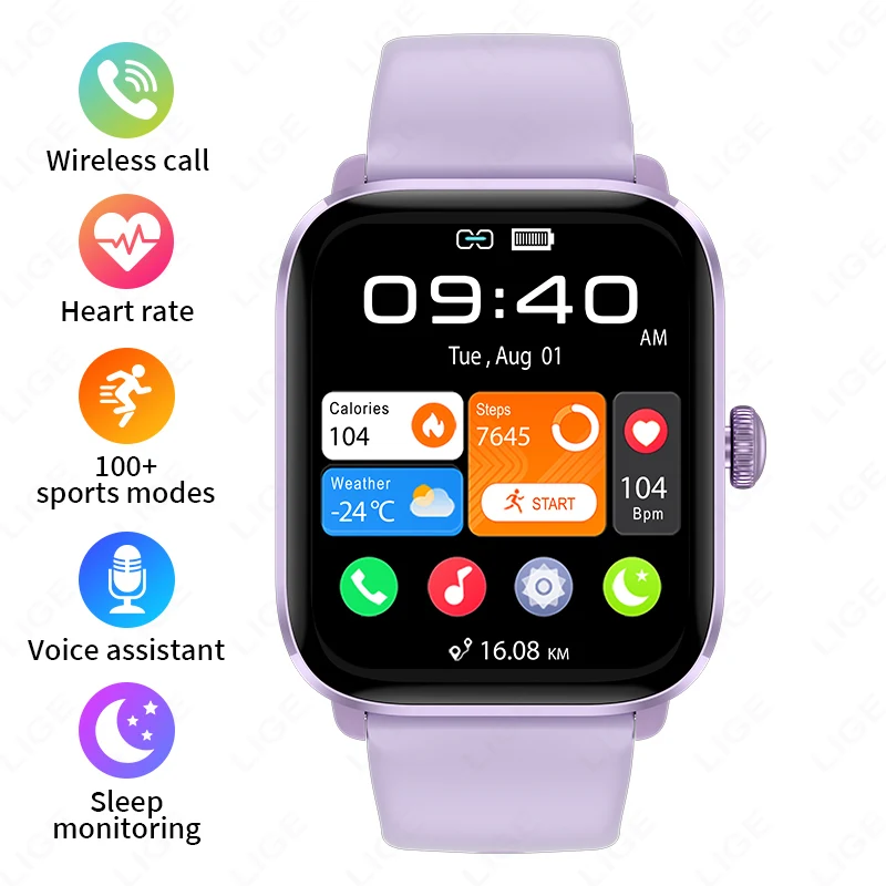 Reloj Inteligente (morado) Con Pantalla Táctil Completa De 1,83 Pulgadas, Monitor De Frecuencia Cardíaca Y Seguimiento De Actividad Física.