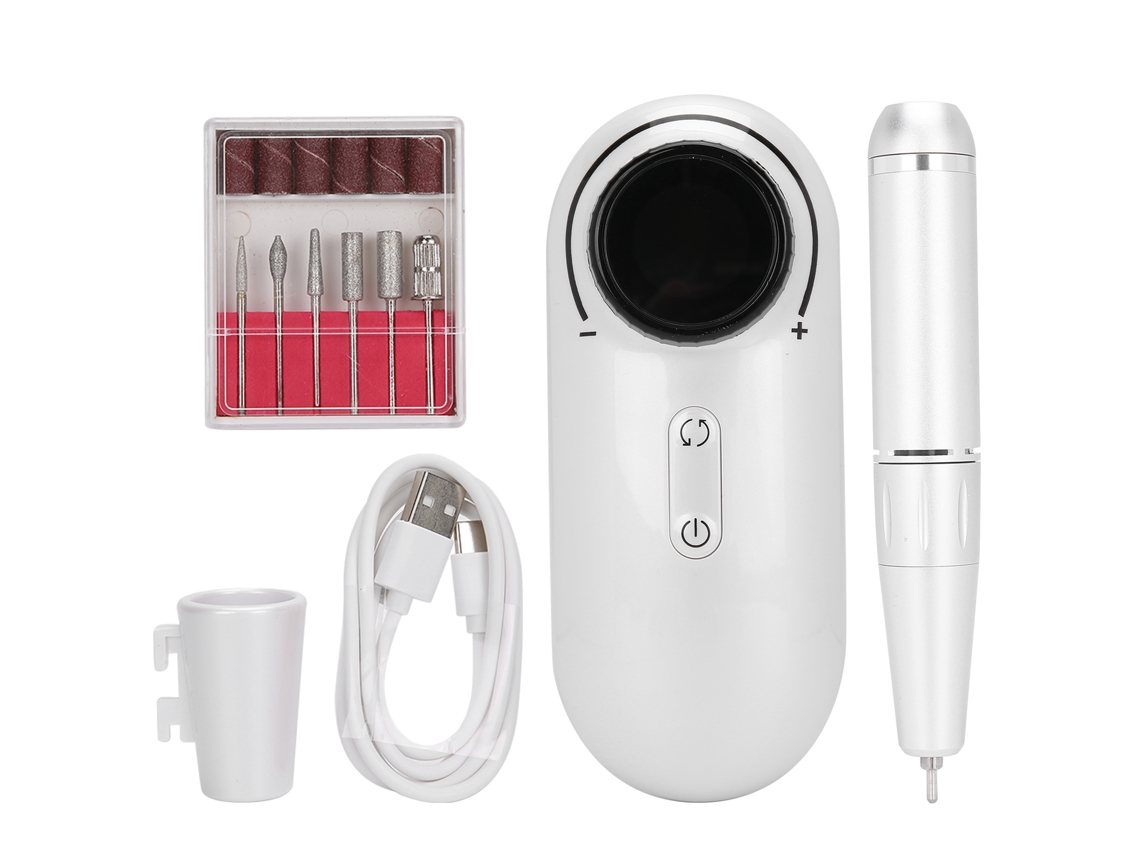 Pulidora de uñas eléctrica recargable con velocidad ajustable de 30000 rpm para pulir uñas blancas.