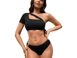 Bikini negro de dos piezas con escote ajustado en los hombros, talla S.