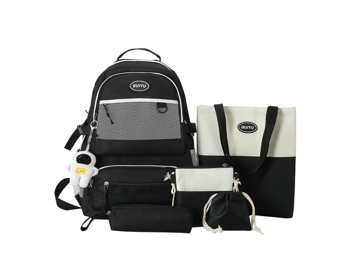 Set de 5 mochilas adorables con múltiples bolsillos, colgante, bolso de hombro, estuche, mochila con cordón ajustable, mochila escolar negra