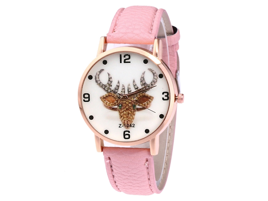 Reloj De Cuarzo Unisex Con Correa De Cuero Pu, Dial Con Alce, Zhoulianfa (rosa)