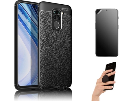 Kit Carcasa y Protector Xiaomi Redmi Note 9 Ultimatte Rugged Leather Popsocket Negro
