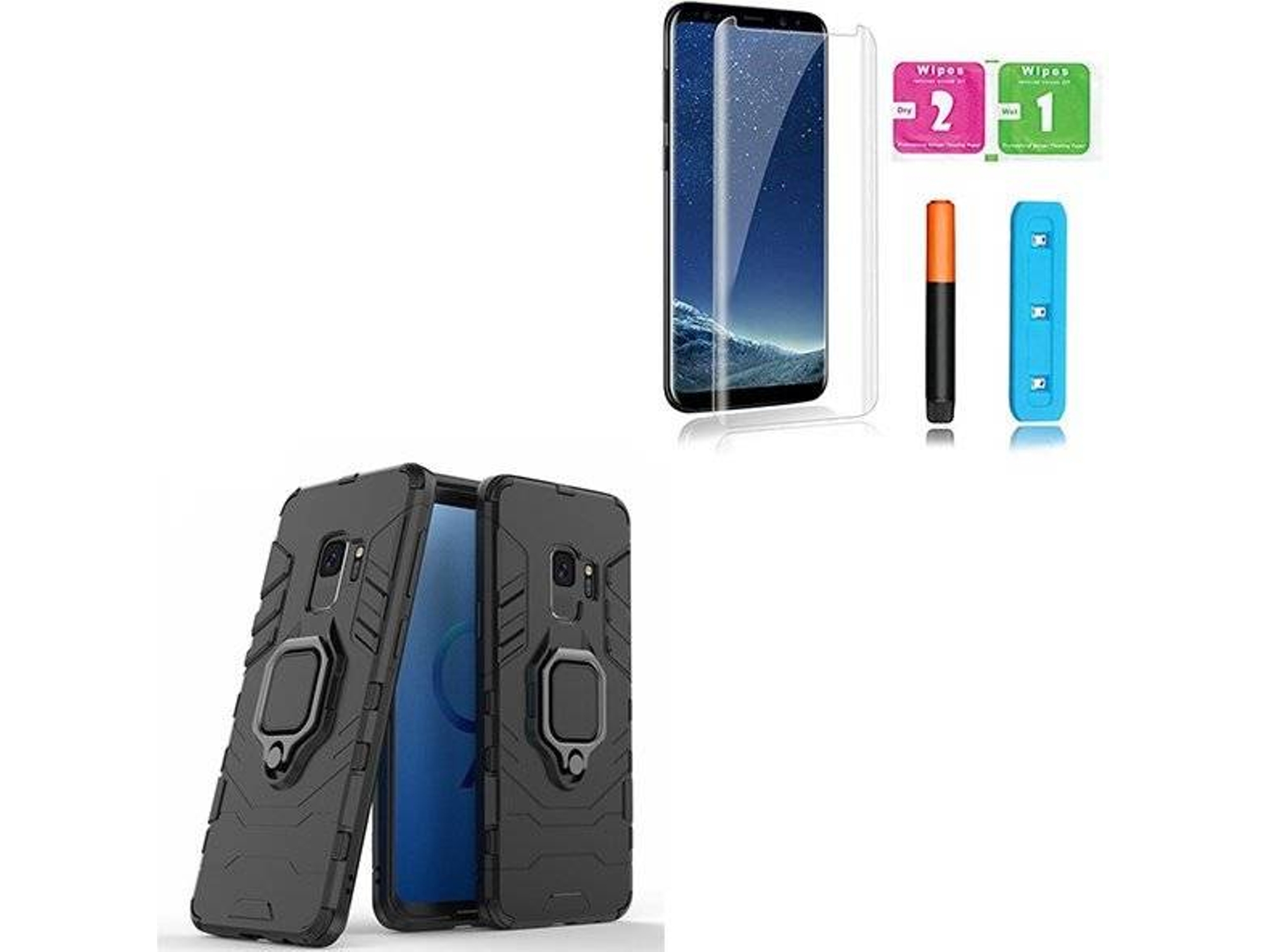Kit Carcasa, Protector de Vidrio Nano Curved UV y Soporte Magnético Auto Samsung Galaxy S9 PHONOCARE Militar Negro