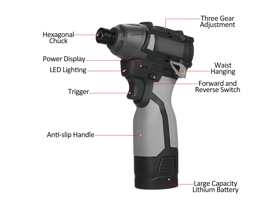 Destornillador eléctrico inalámbrico de 16,8 V, 3450 rpm, 140 Nm con estuche.