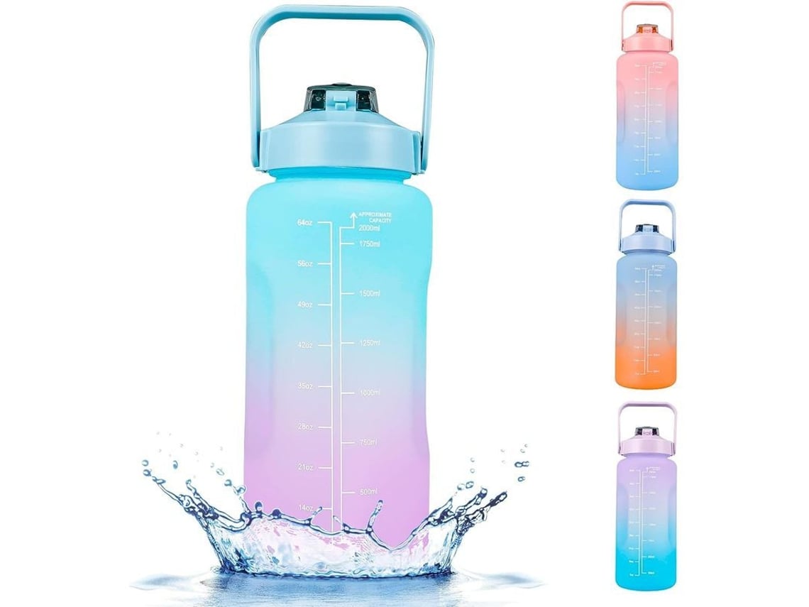 Botella de agua deportiva Rebe-Linjou de 2 litros con marcas de tiempo, pajita extraíble y apertura con un solo toque.
