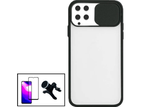 Kit Funda Slide Window Anti Choque Frosted, Protector 5D Full Cover y Soporte Magnético Reforzado de Coche Samsung Galaxy M22 PHONECARE Negro