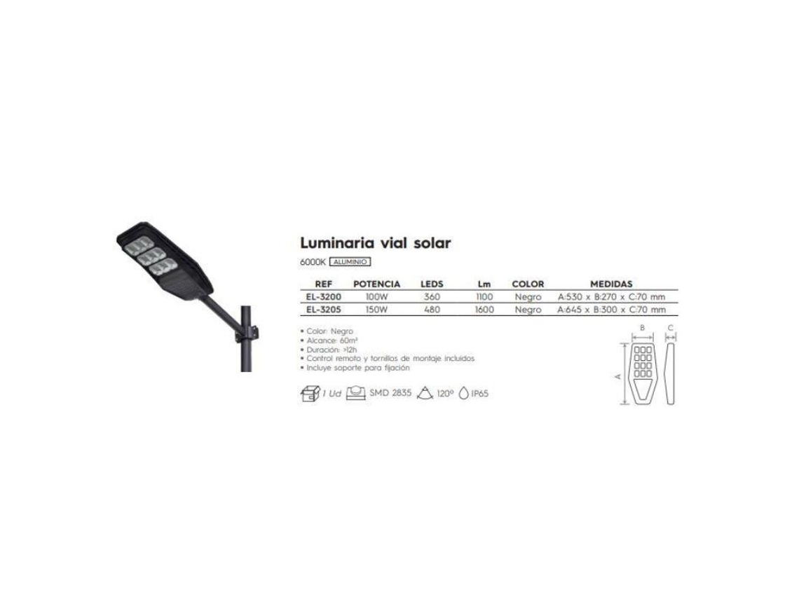 Luminaria Farola Led Solar 150 W 6000k Ip65 A645xb300x70mm
