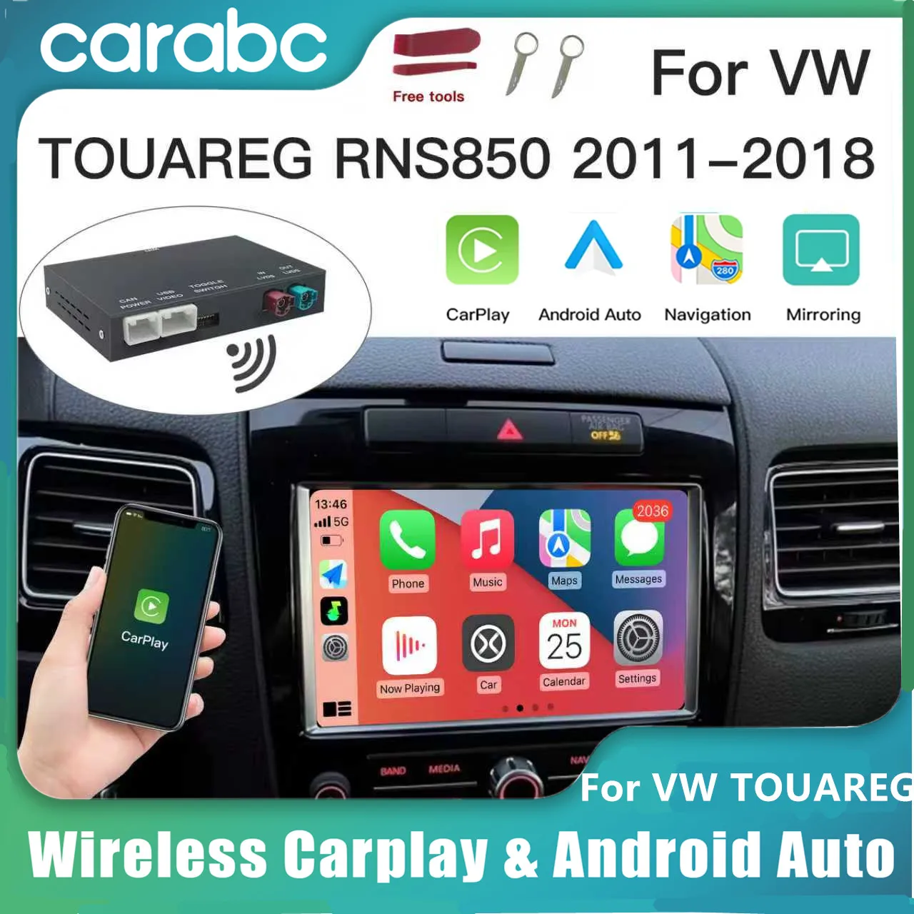 Sistema inalámbrico Carabc Carplay Android Auto para VW Touareg 2011-2018 con pantalla de 8 pulgadas, RNS850, Airplay, Mirror Link y sistema multimedia.