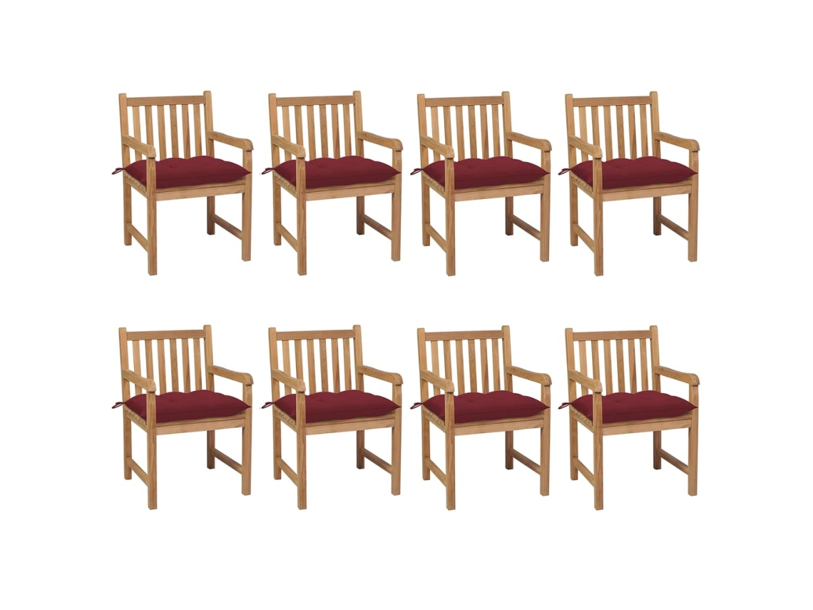 Sillas de jardín con cojines rojos, 8 piezas, teca maciza, Dkd Home Decor