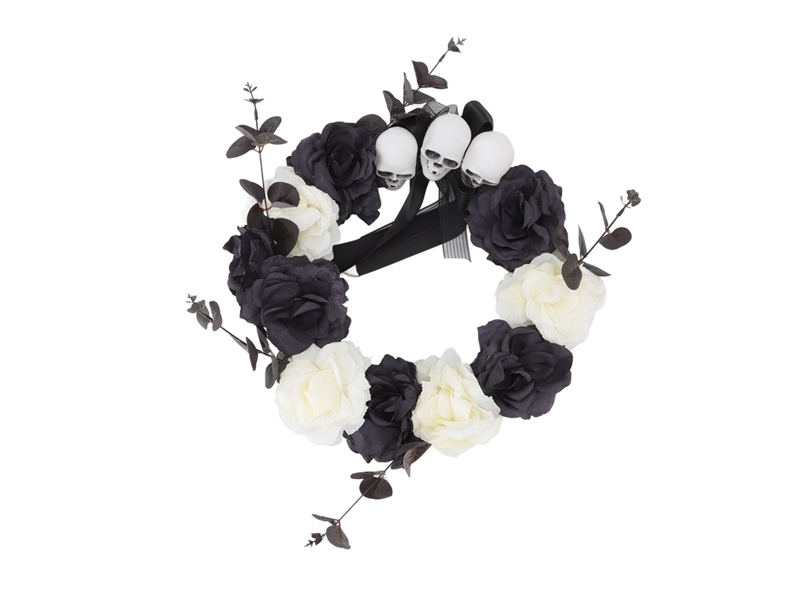 Corona De Calavera De Halloween Con Rosas Artificiales, Blanco Y Negro, Decoración Para Puerta, Fiesta