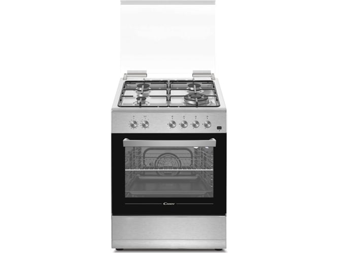 Candy New Timeless cgg655sie cocina de gas horno 55l placa 4 fuegos 60cm pulsador rustepollos altura ajustable y ruedas sistema seguridad llama tapa cristal clase zonas acero inoxidable con 655 55