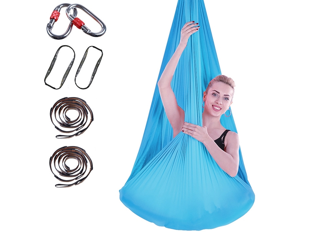 Hamaca de yoga de 400 x 280 cm con correa de extensión y cierre (azul cielo)